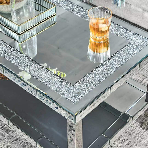 English Elm W Mirrored Crystal Two-tier Coffee Table with Polished Steel Frame for Living Rooms W100540563