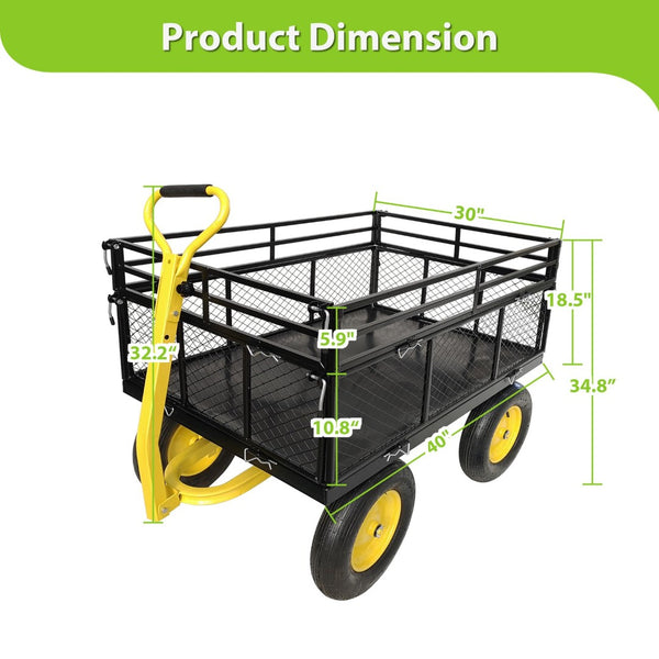 English Elm Steel Heavy Duty Garden Wagon Flatbed Utility Cart with Pneumatic Tires and Mesh Sides W1422112806