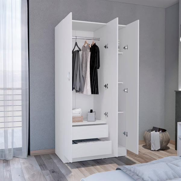 English Elm Ohio Armoire Spacious 3-Door Wardrobe with 2 Drawers, 4-Tier Shelves, Hanging Rods & Metal Handles White 74 L x 23 W x 2 H B200S00289