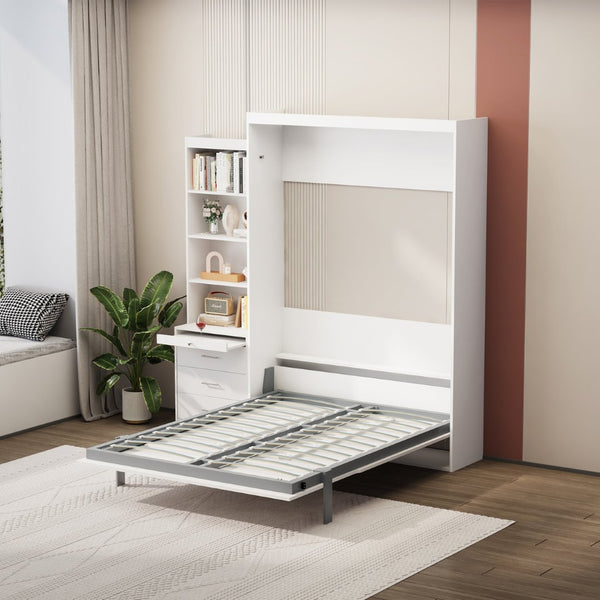 English Elm Morden Design Full Size Murphy Bed with Storage Drawers and Shelving White Cabinet Wall Bed W650S00002