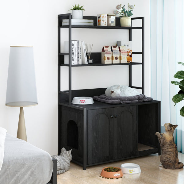 English Elm Large Cat Litter Box Enclosure with Shelf Storage, Hidden Washroom Cabinet, Durable MDF & Metal Design Black W578125522