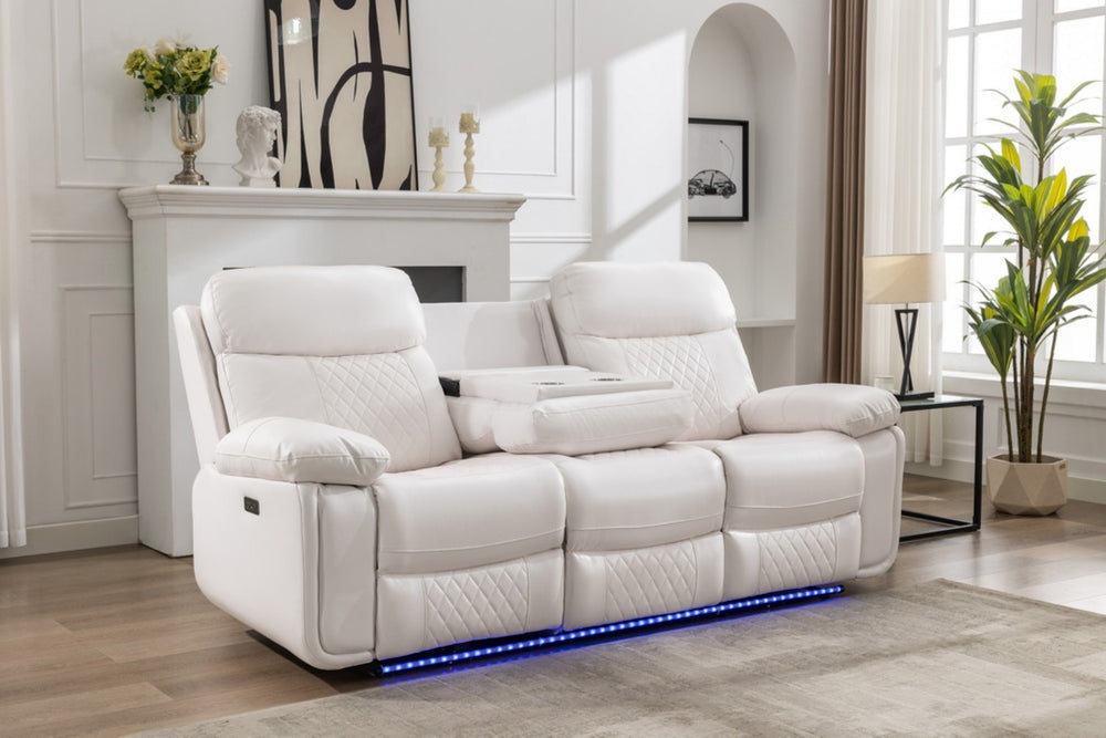 English Elm Power Reclining Sofa with Led Base Lighting Faux Leather Home Theater Seating W1805P308463