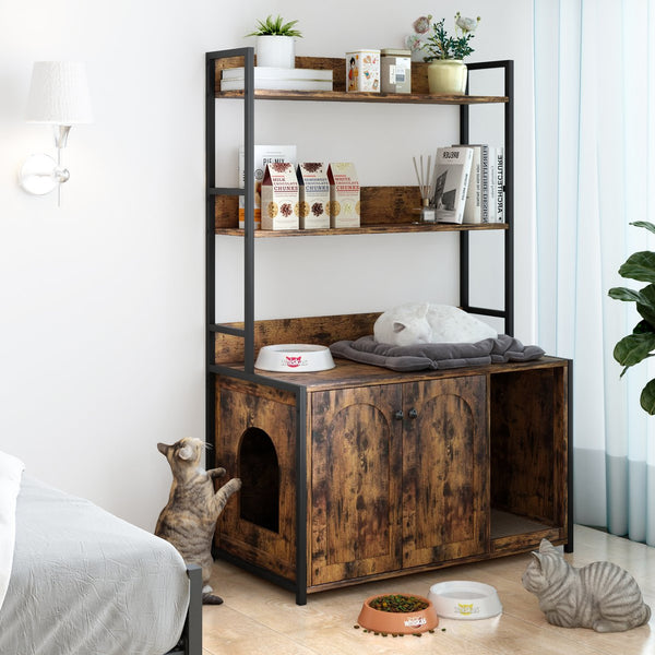English Elm Large Cat Litter Box Enclosure with Shelf Storage, Hidden Washroom Cabinet, Durable MDF & Metal Design Brown W578125520