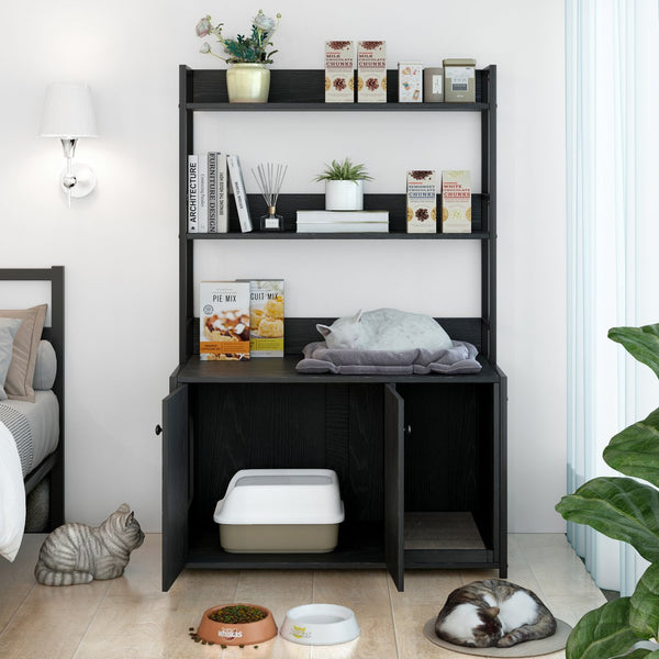 English Elm Large Cat Litter Box Enclosure with Shelf Storage, Hidden Washroom Cabinet, Durable MDF & Metal Design Black W578125522