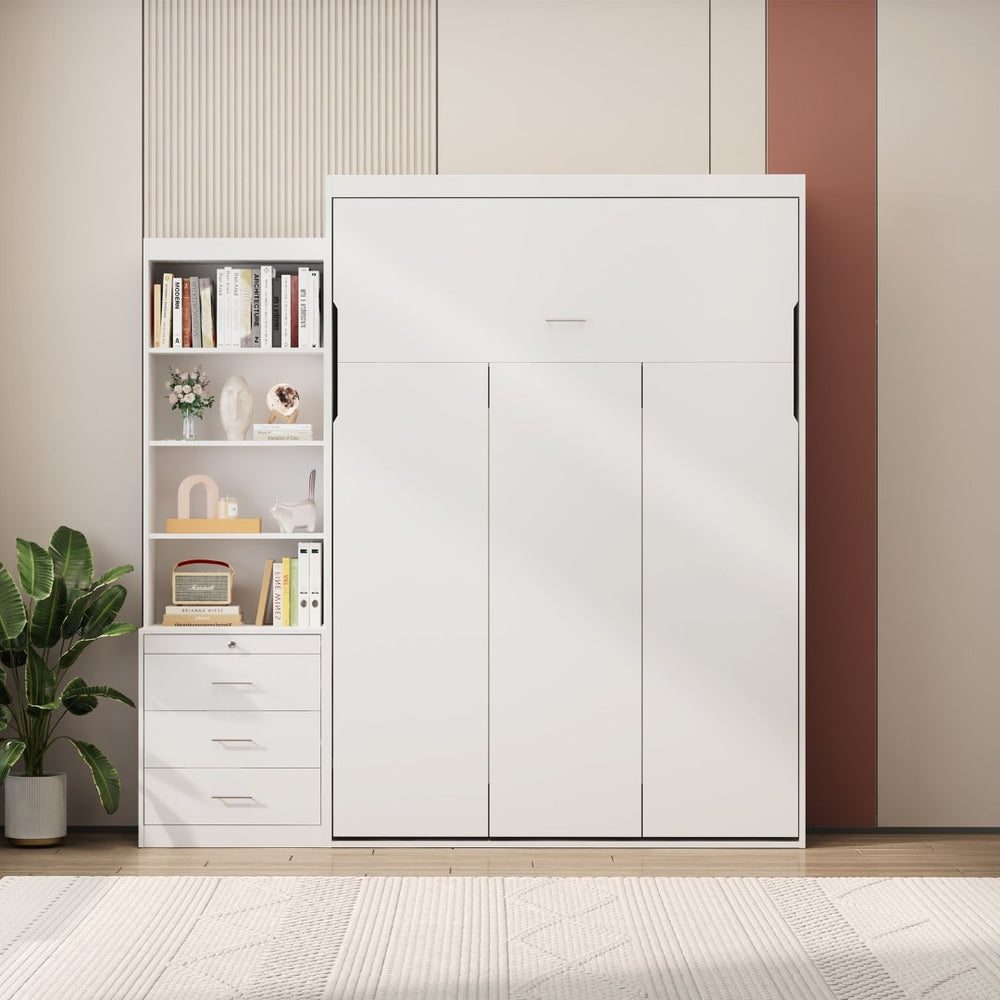English Elm Morden Design Full Size Murphy Bed with Storage Drawers and Shelving White Cabinet Wall Bed W650S00002
