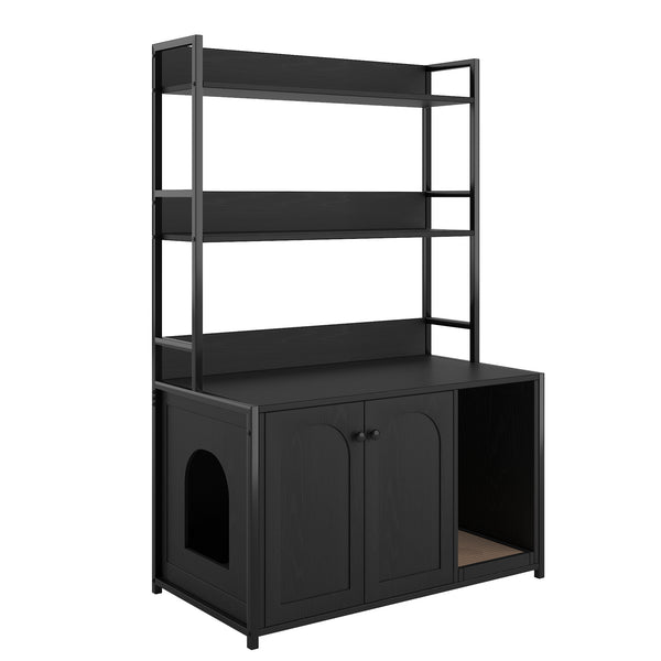 English Elm Large Cat Litter Box Enclosure with Shelf Storage, Hidden Washroom Cabinet, Durable MDF & Metal Design Black W578125522