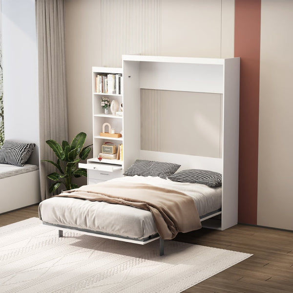 English Elm Morden Design Full Size Murphy Bed with Storage Drawers and Shelving White Cabinet Wall Bed W650S00002