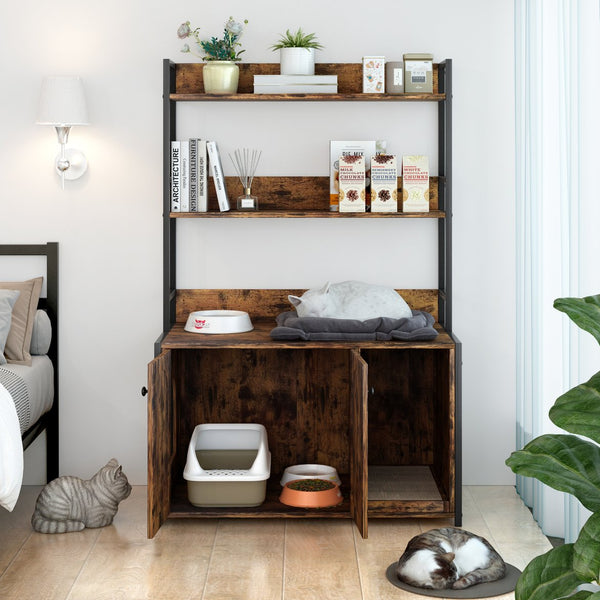 English Elm Large Cat Litter Box Enclosure with Shelf Storage, Hidden Washroom Cabinet, Durable MDF & Metal Design Brown W578125520