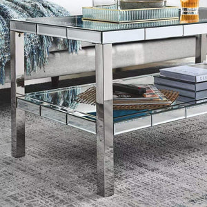 English Elm W Mirrored Crystal Two-tier Coffee Table with Polished Steel Frame for Living Rooms W100540563
