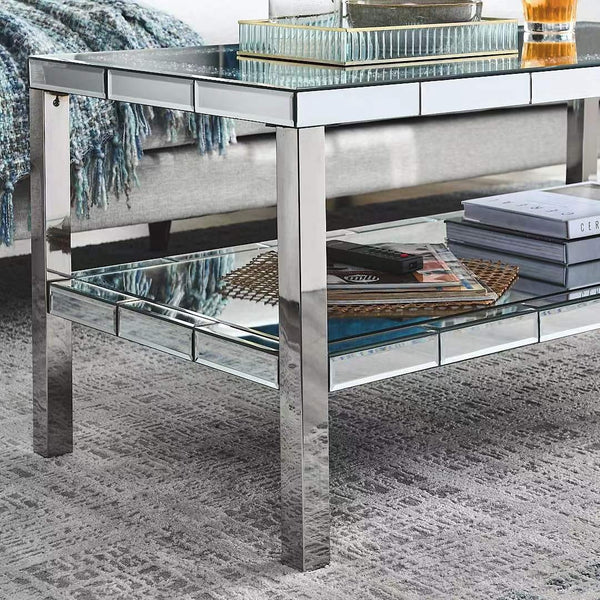 English Elm W Mirrored Crystal Two-tier Coffee Table with Polished Steel Frame for Living Rooms W100540563