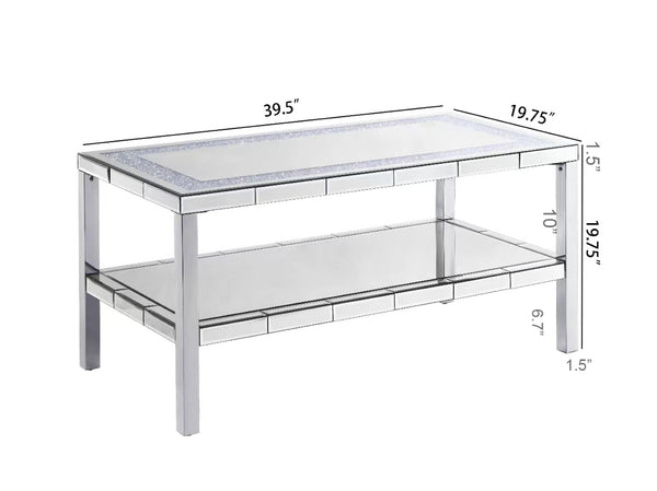 English Elm W Mirrored Crystal Two-tier Coffee Table with Polished Steel Frame for Living Rooms W100540563