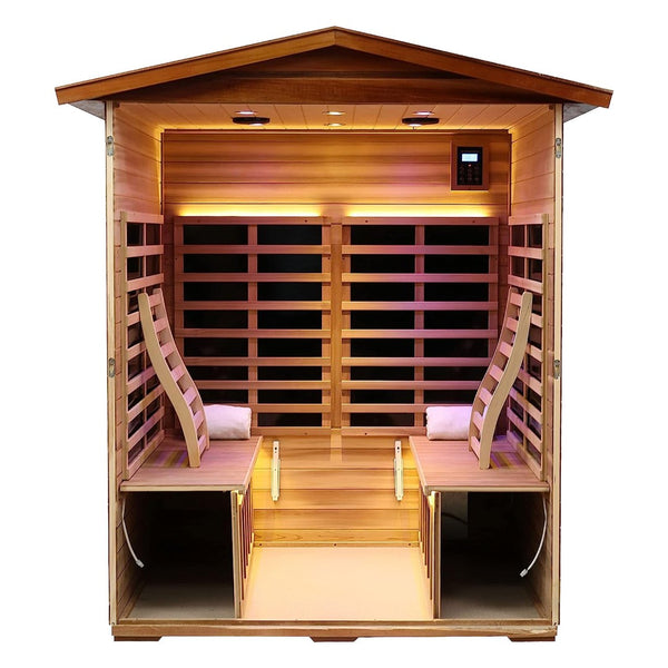 English Elm New Four-person Hemlock Outdoor Sauna with Infrared Panels and Bluetooth Speakers W1787S00019