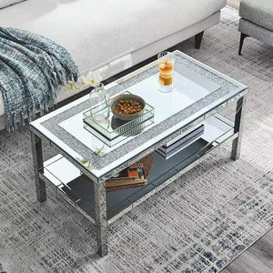 English Elm W Mirrored Crystal Two-tier Coffee Table with Polished Steel Frame for Living Rooms W100540563