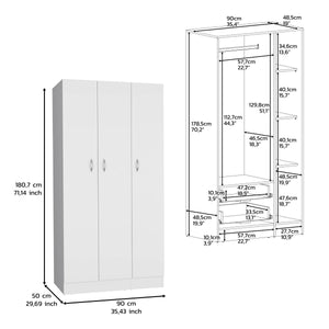 English Elm Ohio Armoire Spacious 3-Door Wardrobe with 2 Drawers, 4-Tier Shelves, Hanging Rods & Metal Handles White 74 L x 23 W x 2 H B200S00289