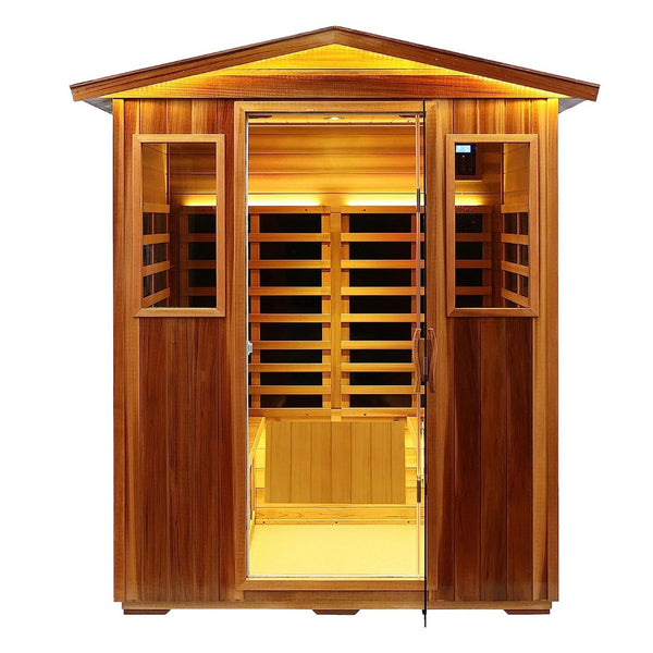 English Elm New Four-person Hemlock Outdoor Sauna with Infrared Panels and Bluetooth Speakers W1787S00019