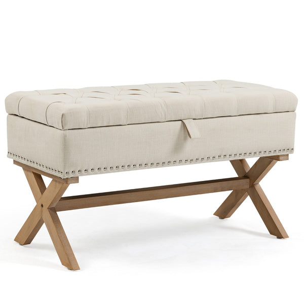 English Elm 35 Inch Button Tufted Linen Upholstered Bench with Lift Top Hidden Storage Compartment W1955121377