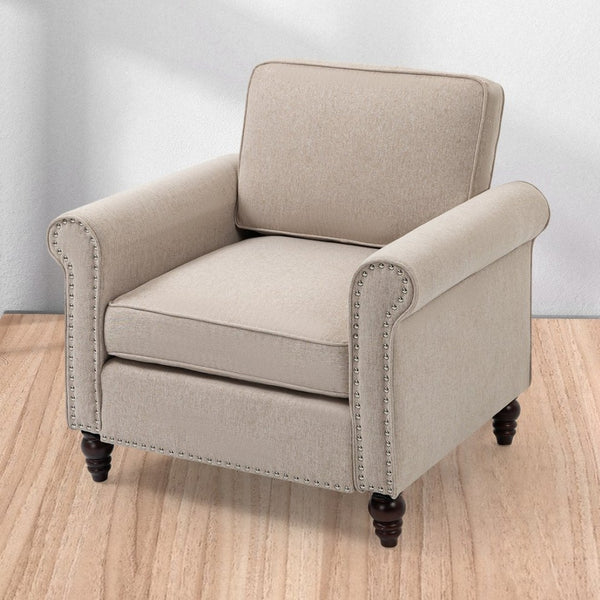 English Elm Modern Linen Accent Chair Solid Wood Frame High Density Foam Living Room Reading Nook W1955121378