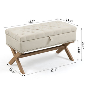English Elm 35 Inch Button Tufted Linen Upholstered Bench with Lift Top Hidden Storage Compartment W1955121377