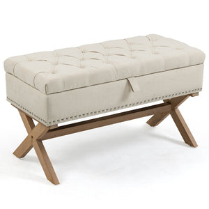 English Elm 35 Inch Button Tufted Linen Upholstered Bench with Lift Top Hidden Storage Compartment W1955121377