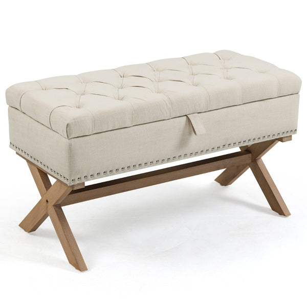 English Elm 35 Inch Button Tufted Linen Upholstered Bench with Lift Top Hidden Storage Compartment W1955121377