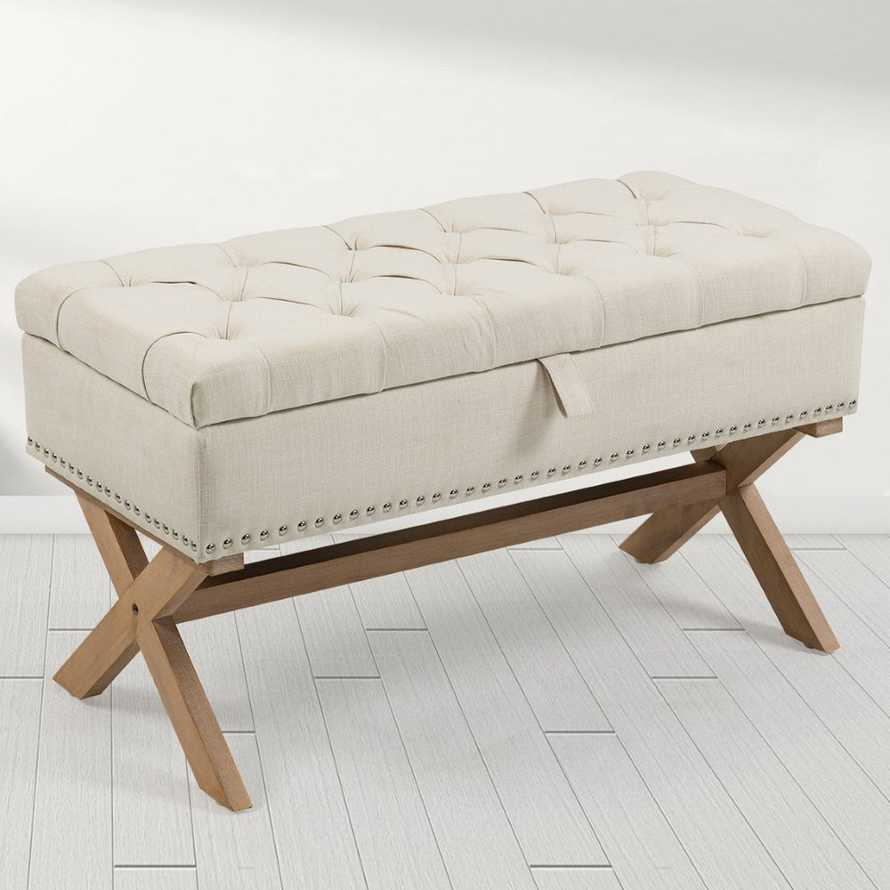 English Elm 35 Inch Button Tufted Linen Upholstered Bench with Lift Top Hidden Storage Compartment W1955121377