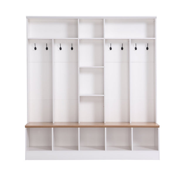 English Elm On-trend Wide White Hall Tree with Bench Seating Cube Shelves and 8 Coat Hooks N721S000021K