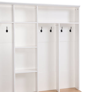 English Elm On-trend Wide White Hall Tree with Bench Seating Cube Shelves and 8 Coat Hooks N721S000066K