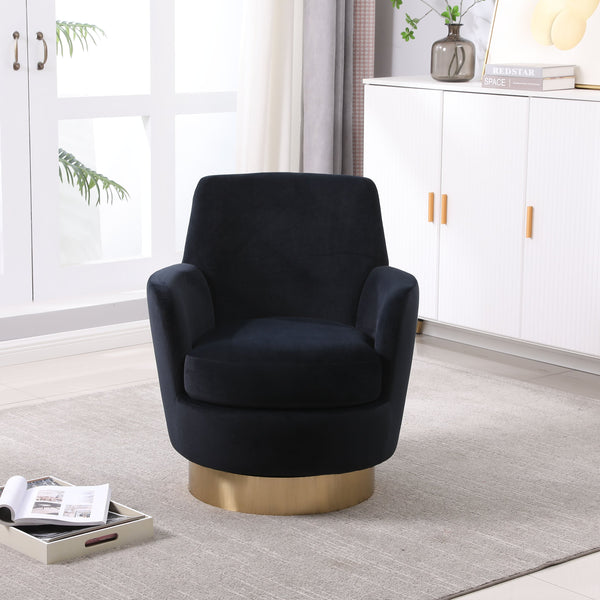 English Elm Velvet 360° Swivel Barrel Chair with Gold Base, Plush Upholstery, Pocket Spring Comfort, 300lb Capacity Black W1361116870