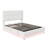 English Elm Full Size Tufted Upholstered Platform Bed With Hydraulic Storage System,Pu Storage Bed With Led Lights and Usb Charger, White