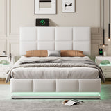 Jenkins Full Size Upholstered Platform Bed with LED Lights and USB Charger, White