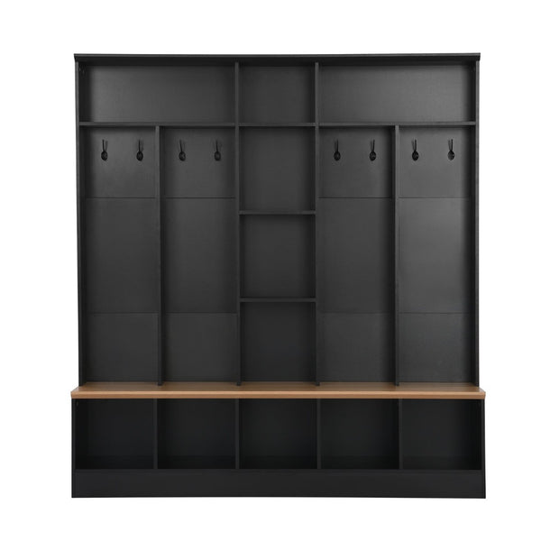 English Elm On-trend Wide White Hall Tree with Bench Seating Cube Shelves and 8 Coat Hooks N721S000021B
