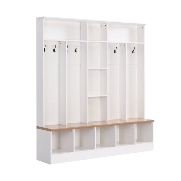 English Elm Hall Tree Entryway Organizer with Coat Rack Bench Shoe Storage and Open Shelves White N721P385678K