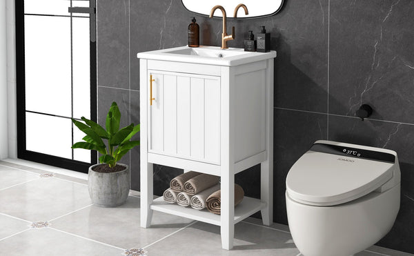 English Elm 20" Modern Bathroom Vanity with Ceramic Sink, Solid Wood MDF Build, Soft-Close Door & Shelf White N725P220604K