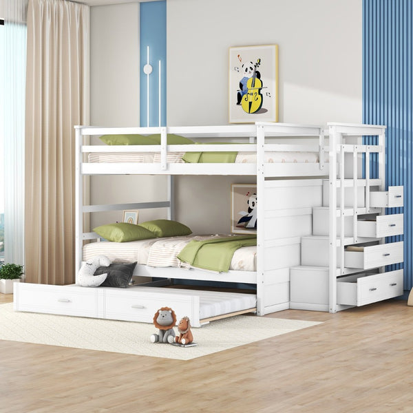 English Elm Full Over Bunk Bed with Staircase Storage Drawers and Twin Trundle Pinewood Frame White LT100268AAK