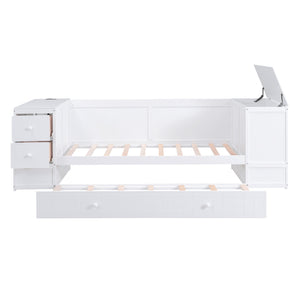 English Elm Twin Twin Size Daybed with Trundle, Storage Drawers and USB Charging Ports — Space-Saving Design White GX000349AAK