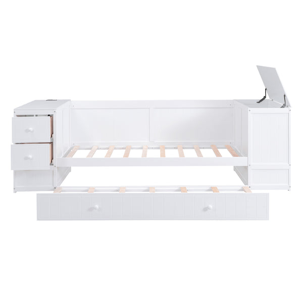 English Elm Twin Twin Size Daybed with Trundle, Storage Drawers and USB Charging Ports — Space-Saving Design White GX000349AAK