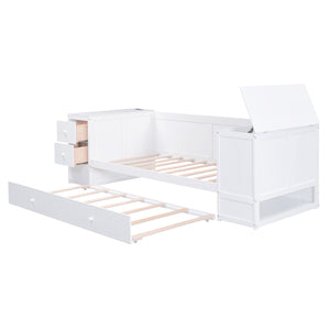 English Elm Twin Twin Size Daybed with Trundle, Storage Drawers and USB Charging Ports — Space-Saving Design White GX000349AAK