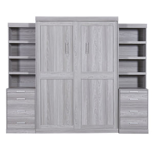 English Elm Full Full Size Murphy Bed with Storage Shelves & Drawers, Gray Cabinet Foldaway Space-Saving Design GX002007AAE