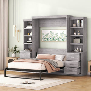 English Elm Full Full Size Murphy Bed with Storage Shelves & Drawers, Gray Cabinet Foldaway Space-Saving Design GX002007AAE