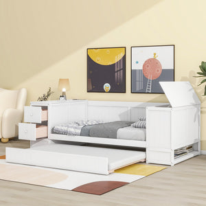 English Elm Twin Twin Size Daybed with Trundle, Storage Drawers and USB Charging Ports — Space-Saving Design White GX000349AAK