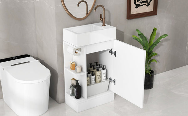 English Elm 18.6" Bathroom Vanity with Sink and Ceramic Top, MDF Cabinet with Door, TP Holder & Shelf White N725P212181K