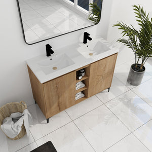 English Elm 48" Freestanding Bathroom Vanity Double Sink with Soft-Close Doors, Resin Twin Basins, Water-Resist Ply W999S00104