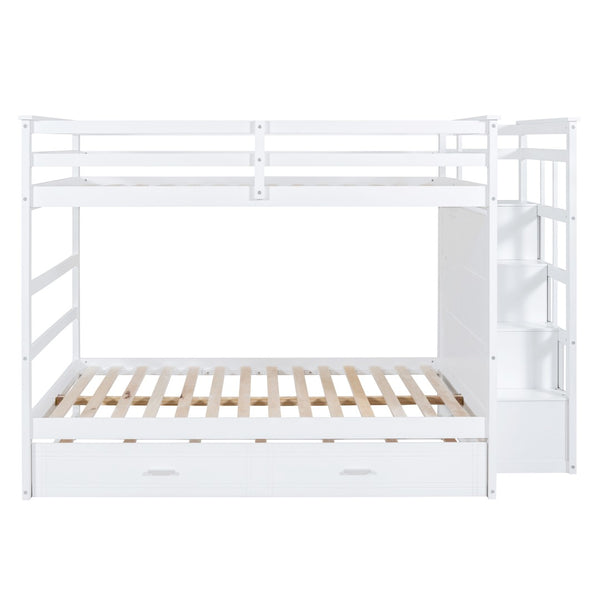 English Elm Full Over Bunk Bed with Twin Trundle Staircase Storage Drawers White Pinewood LT000268AAK