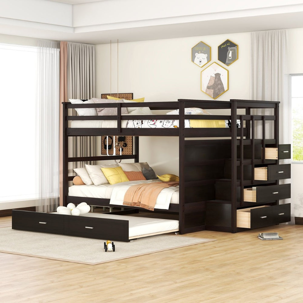English Elm Full Over Bunk Bed with Staircase Storage Drawers and Twin Trundle Pinewood Frame Espresso LT100268AAP