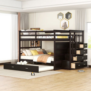 English Elm Full Over Bunk Bed with Staircase Storage Drawers and Twin Trundle Pinewood Frame Espresso LT100268AAP