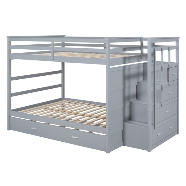English Elm Full Over Bunk Bed with Staircase Storage Drawers and Twin Trundle Pinewood Frame Gray LT100268AAE