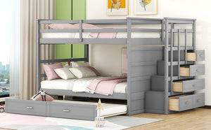 English Elm Full Over Bunk Bed with Staircase Storage Drawers and Twin Trundle Pinewood Frame Gray LT100268AAE