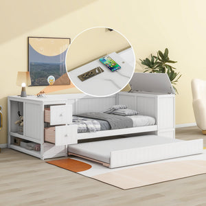 English Elm Twin Twin Size Daybed with Trundle, Storage Drawers and USB Charging Ports — Space-Saving Design White GX000349AAK