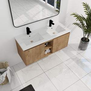 English Elm 48" Wall Mounted Bathroom Vanity With Double Sink, Soft-Close Doors, Modern Design & Storage Solutions W999S00105