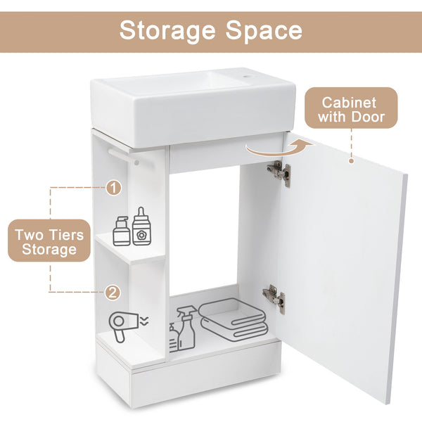 English Elm 18.6" Bathroom Vanity with Sink and Ceramic Top, MDF Cabinet with Door, TP Holder & Shelf White N725P212181K